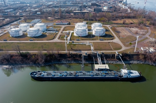 Budapest, Hungary. German gas transporter ship waiting for upload.